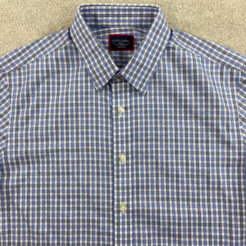 UNTUCKit Button Down Shirt Mens Small Blue Gingham Slim Fit Wrinkle Free SS